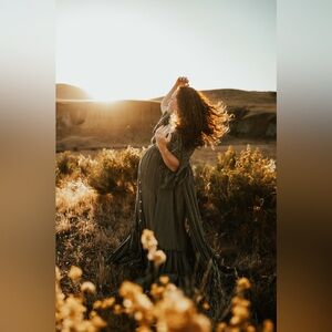 Reclamation Olive Green Bohemian Ruffle-Sleeve Maxi Dress